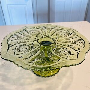 Imperial Daisy & Button Green Cake Stand Pedestal Footed Plate Vintage Glass
